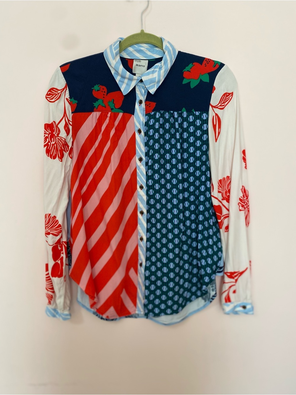 Anthropology Maeve Paz Contract bottom-down in red strawberry print shirt